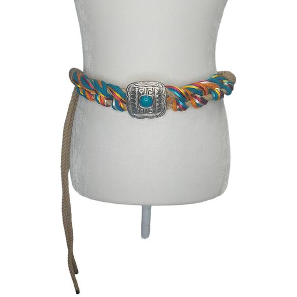 Western Braided Rope Belt Turquoise & Silver belt Buckle - Picture 2 of 5